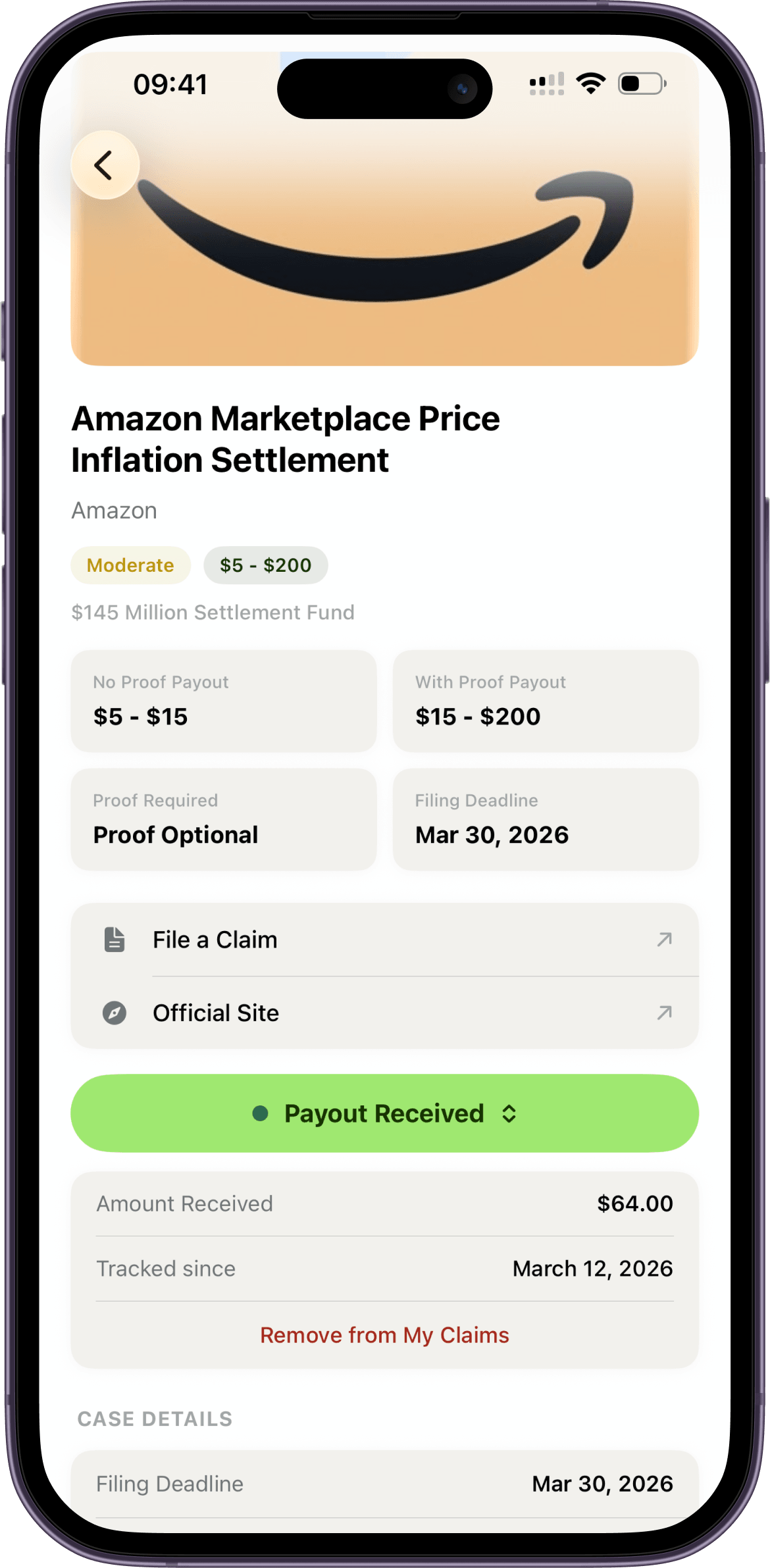 ClaimCash settlement details on iPhone, showing proof requirements, the filing deadline, official links, and a recorded payment